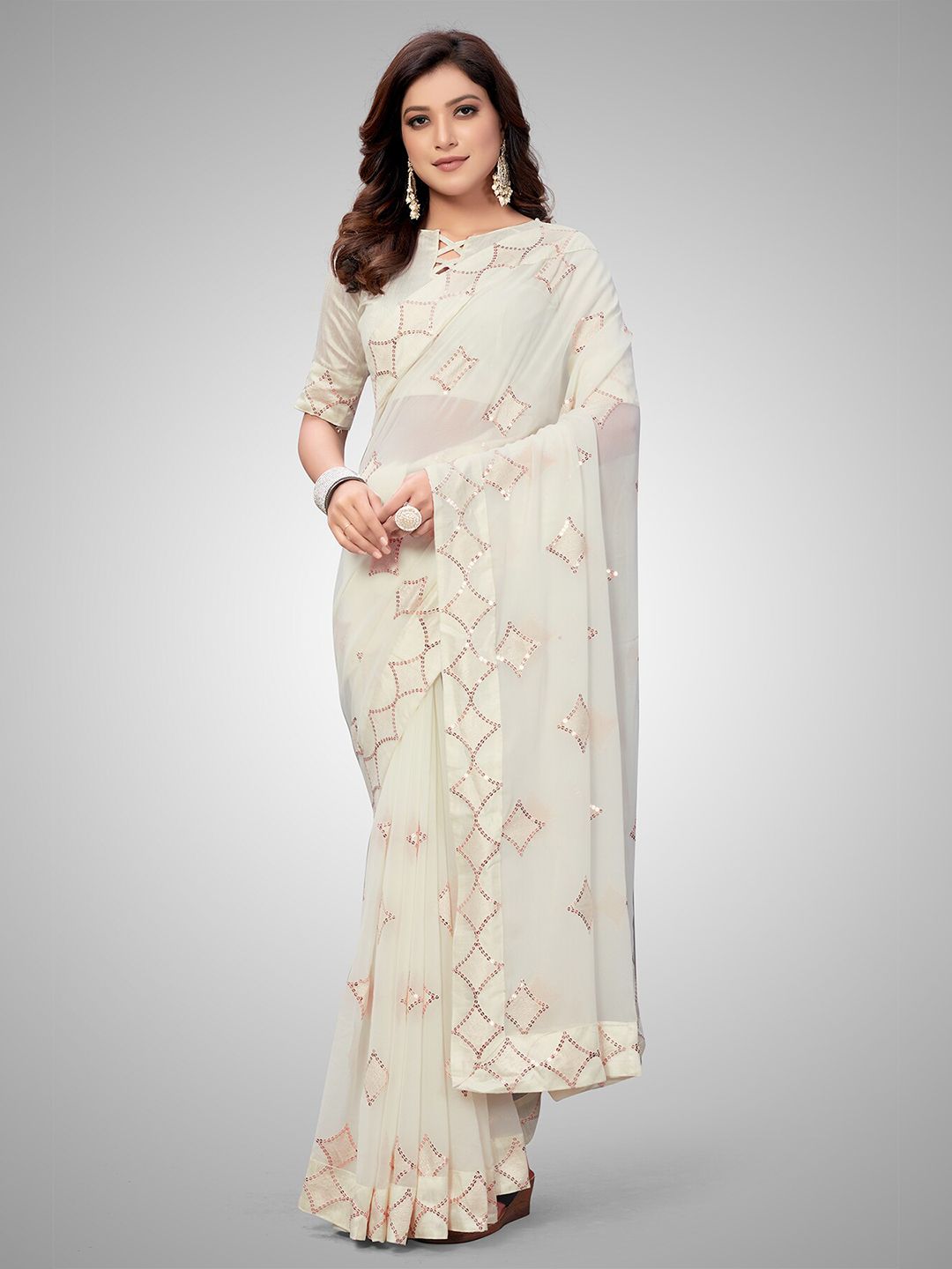 Mitera Cream-Coloured Embellished Sequinned Pure Georgette Ready to Wear Saree Price in India