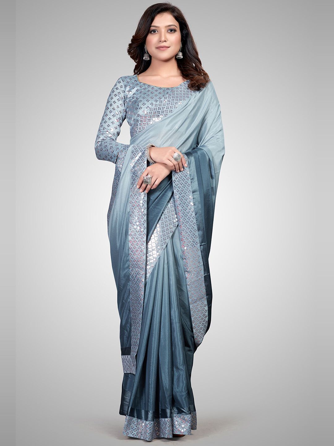 Mitera Grey & Silver-Toned Ombre Sequinned Silk Blend Ready to Wear Saree Price in India