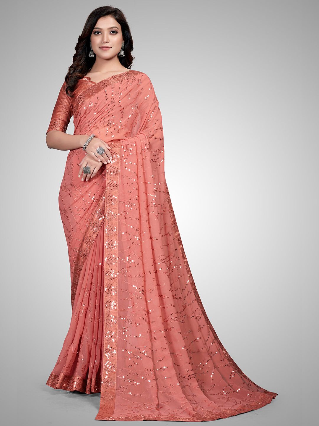 Mitera Peach-Coloured & Gold-Toned Embellished Sequinned Pure Georgette Ready to Wear Saree Price in India