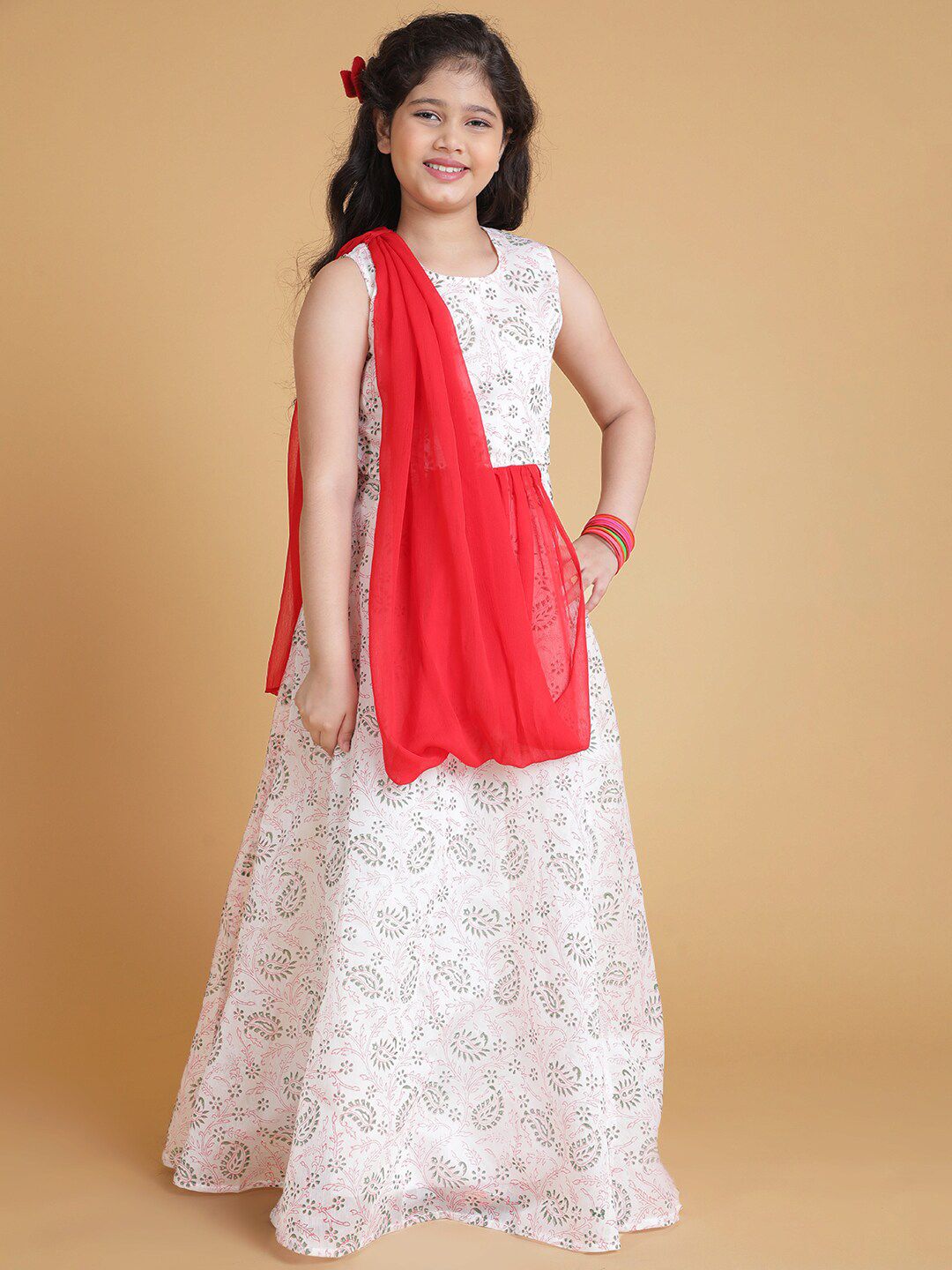 titliyan Girls White & Red Printed Ready to Wear Lehenga & Blouse With Dupatta