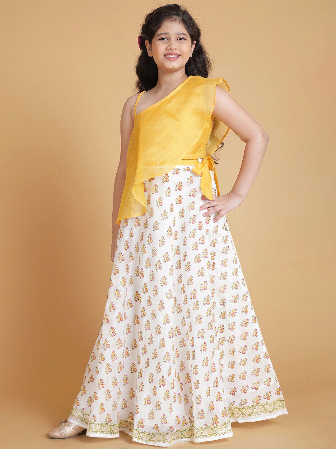 titliyan Girls Yellow & White Hand Block Printed Ready to Wear Lehenga & Choli