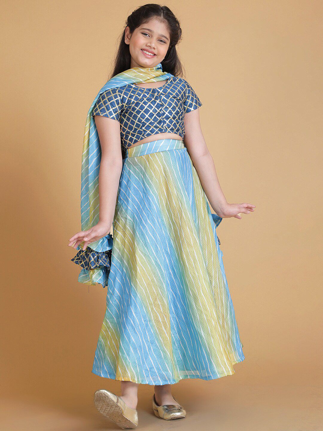 titliyan Girls Blue & White Printed Ready to Wear Lehenga & Blouse With Dupatta