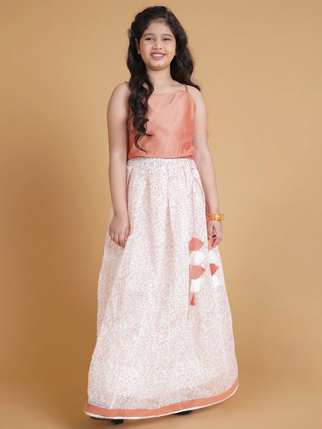 titliyan Girls Rose Gold & White Hand Block Printed Ready to Wear Lehenga & Choli