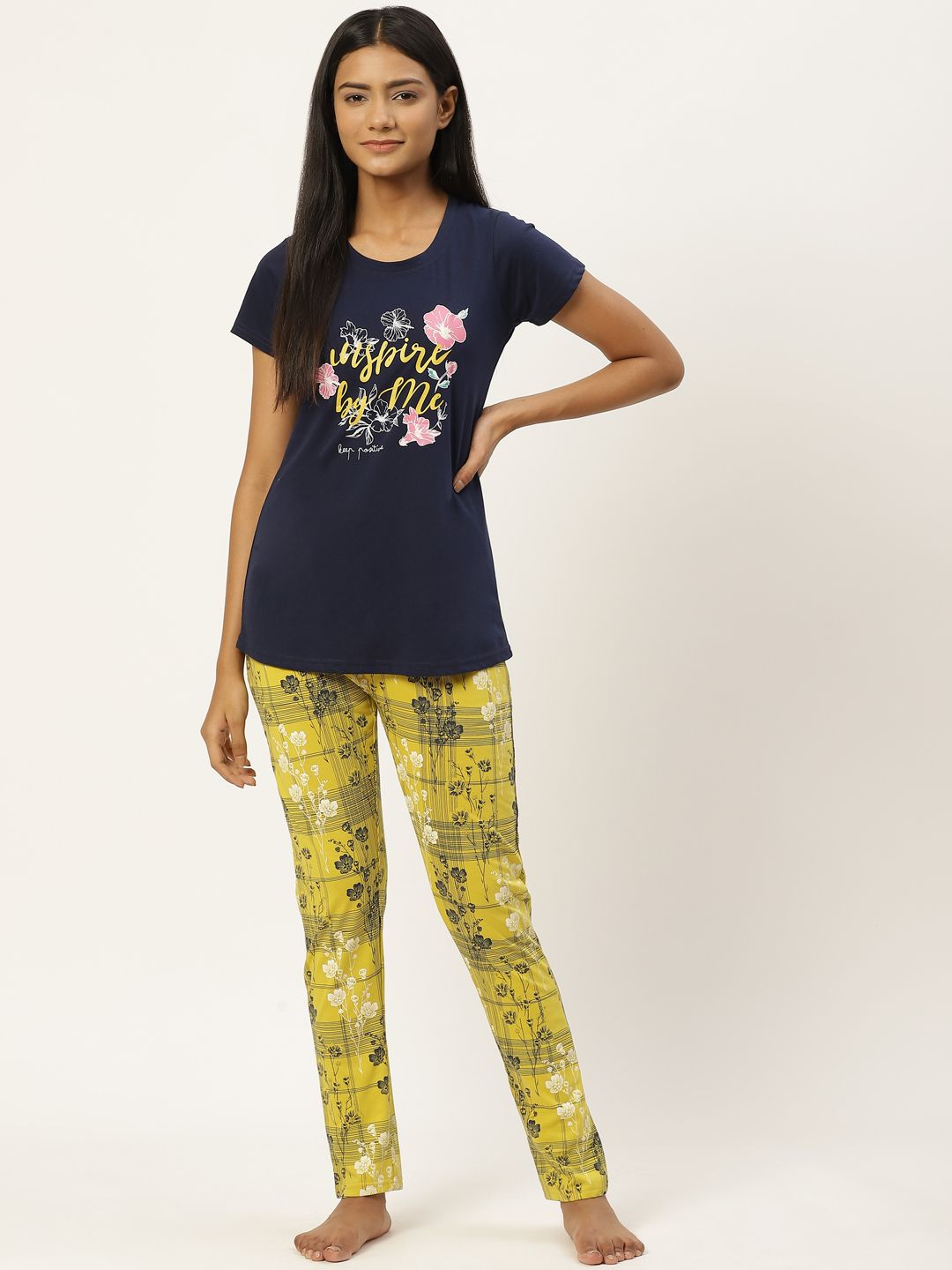 BROOWL Women Navy Blue & Yellow Printed Pure Cotton Night suit Price in India