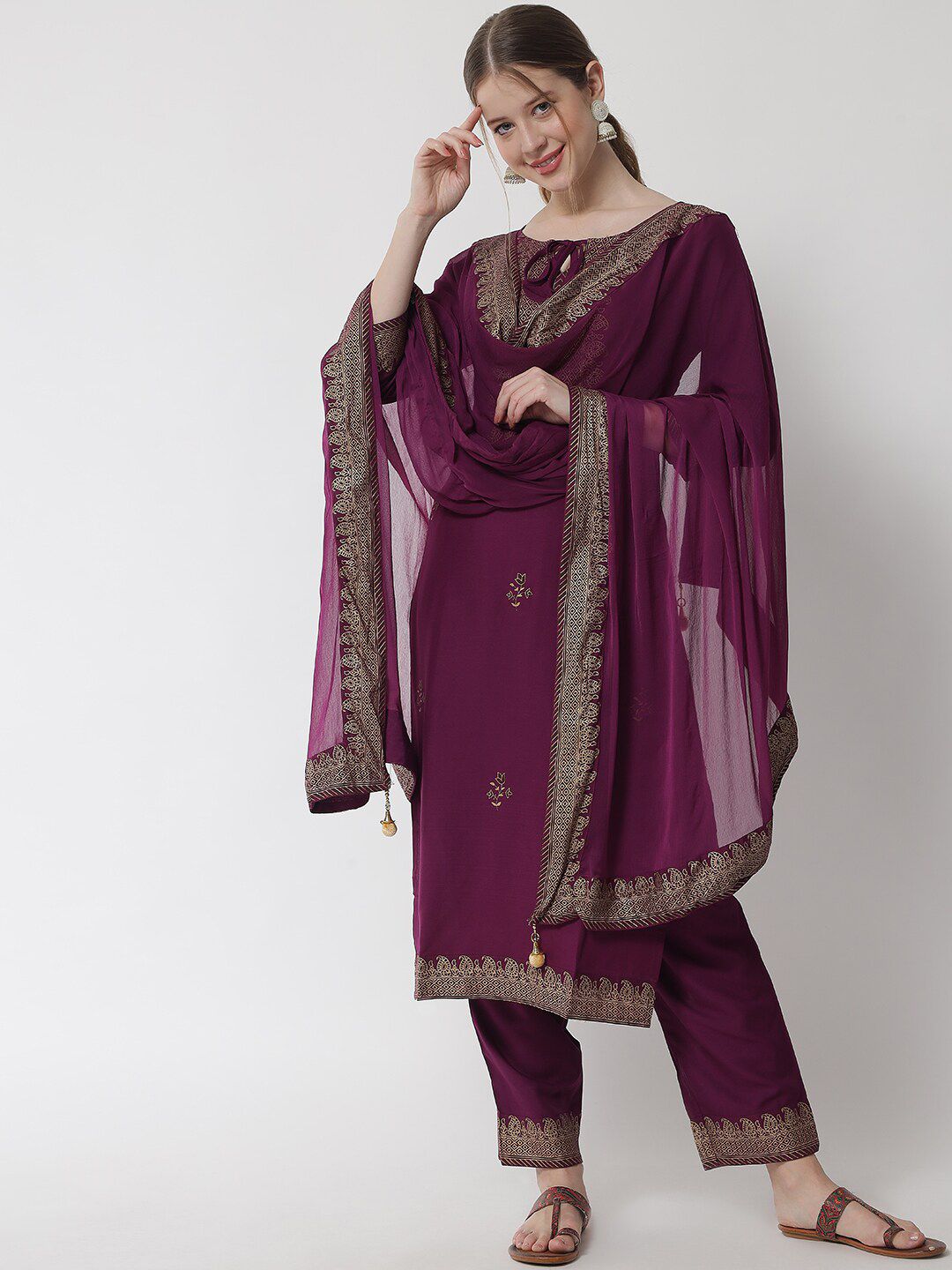 IkDaiya Women Magenta Ethnic Motifs Printed Kurta with Trousers & With Dupatta Price in India