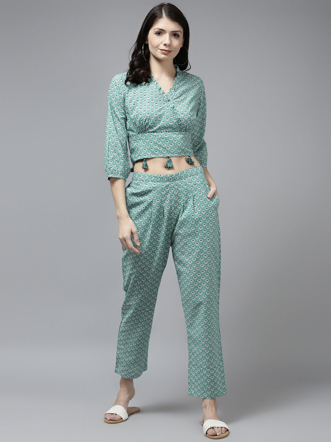 Rain & Rainbow Women Teal Green & Black Printed Top with Trousers Price in India