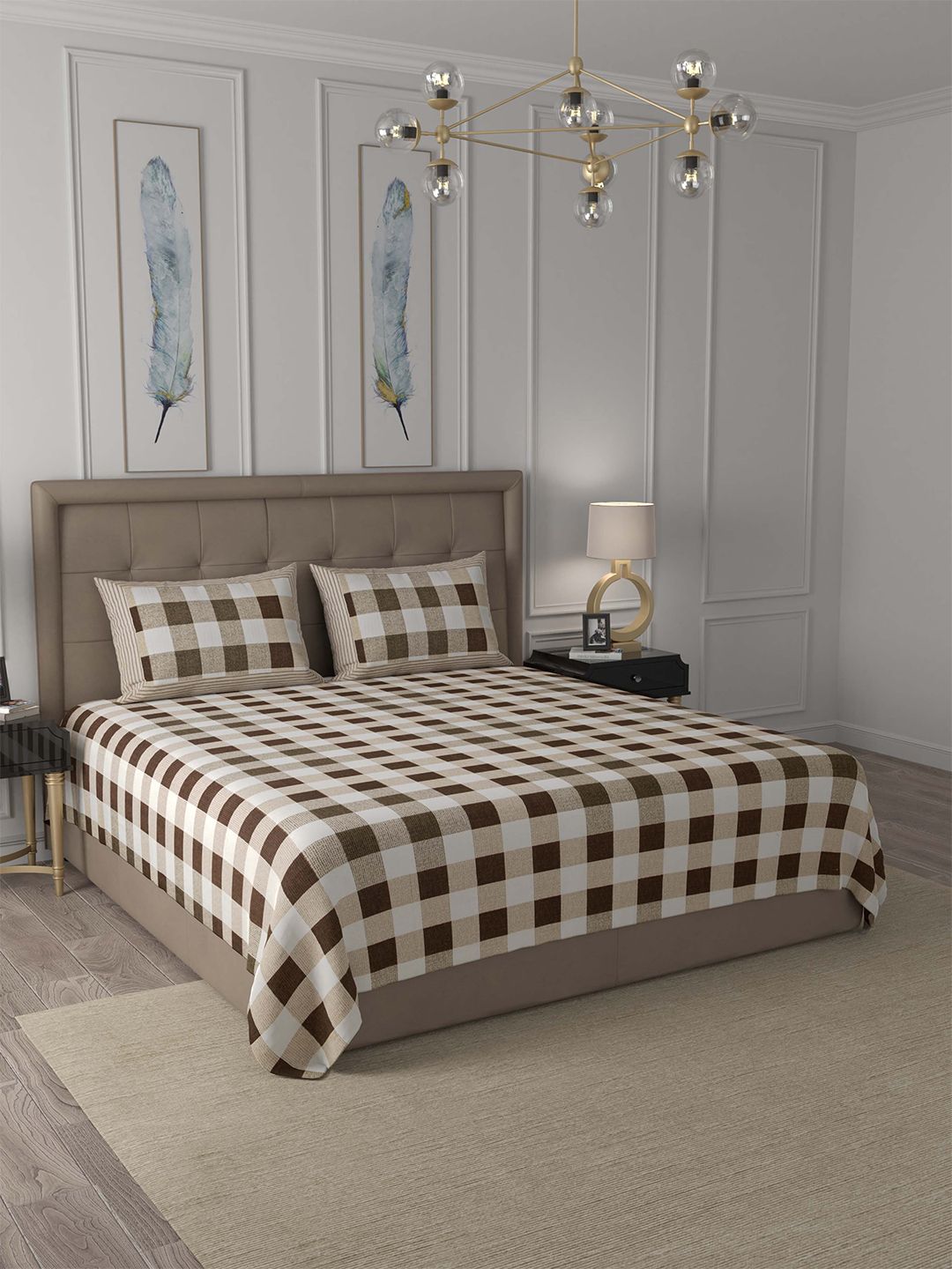 JAIPUR FABRIC Brown & White Geometric King Bedsheet with 2 Pillow Covers Price in India