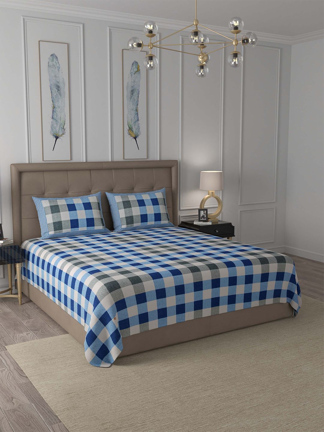 JAIPUR FABRIC Blue & White King Bedsheet with 2 Pillow Covers Price in India