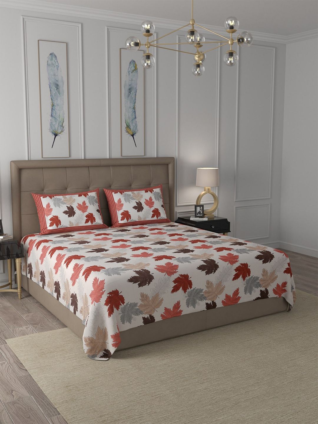 JAIPUR FABRIC Orange & Brown Floral King Bedsheet with 2 Pillow Covers Price in India
