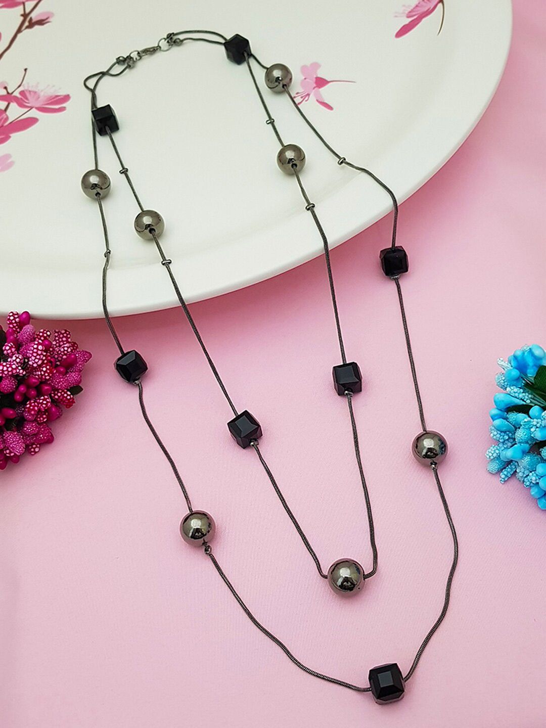 GRIIHAM Silver-Toned & Black Layered Artificial Beads Chain Price in India