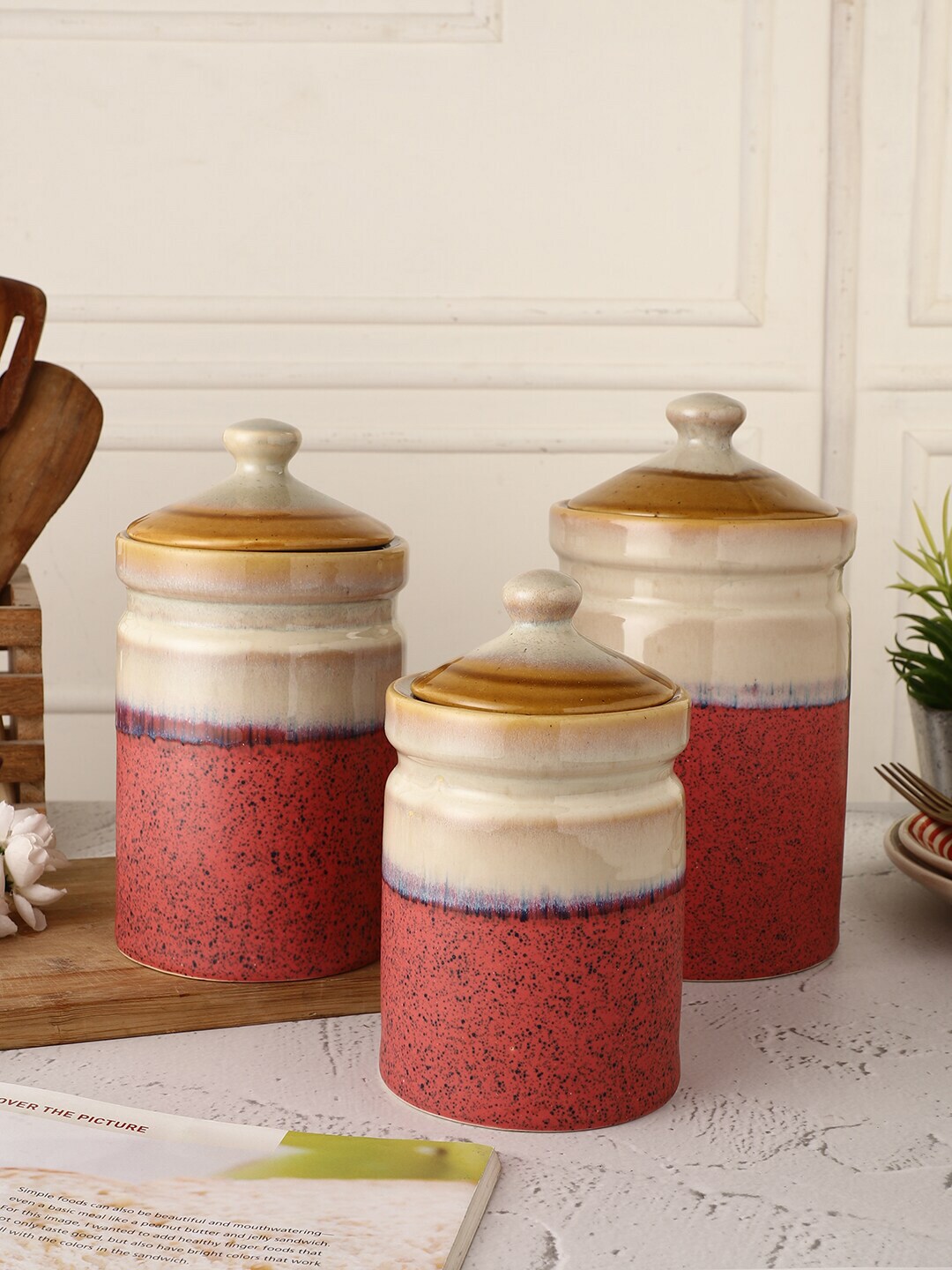 MIAH Decor Set Of 3 Red & Beige Dishwasher Safe Pottery Storage Jars Price in India