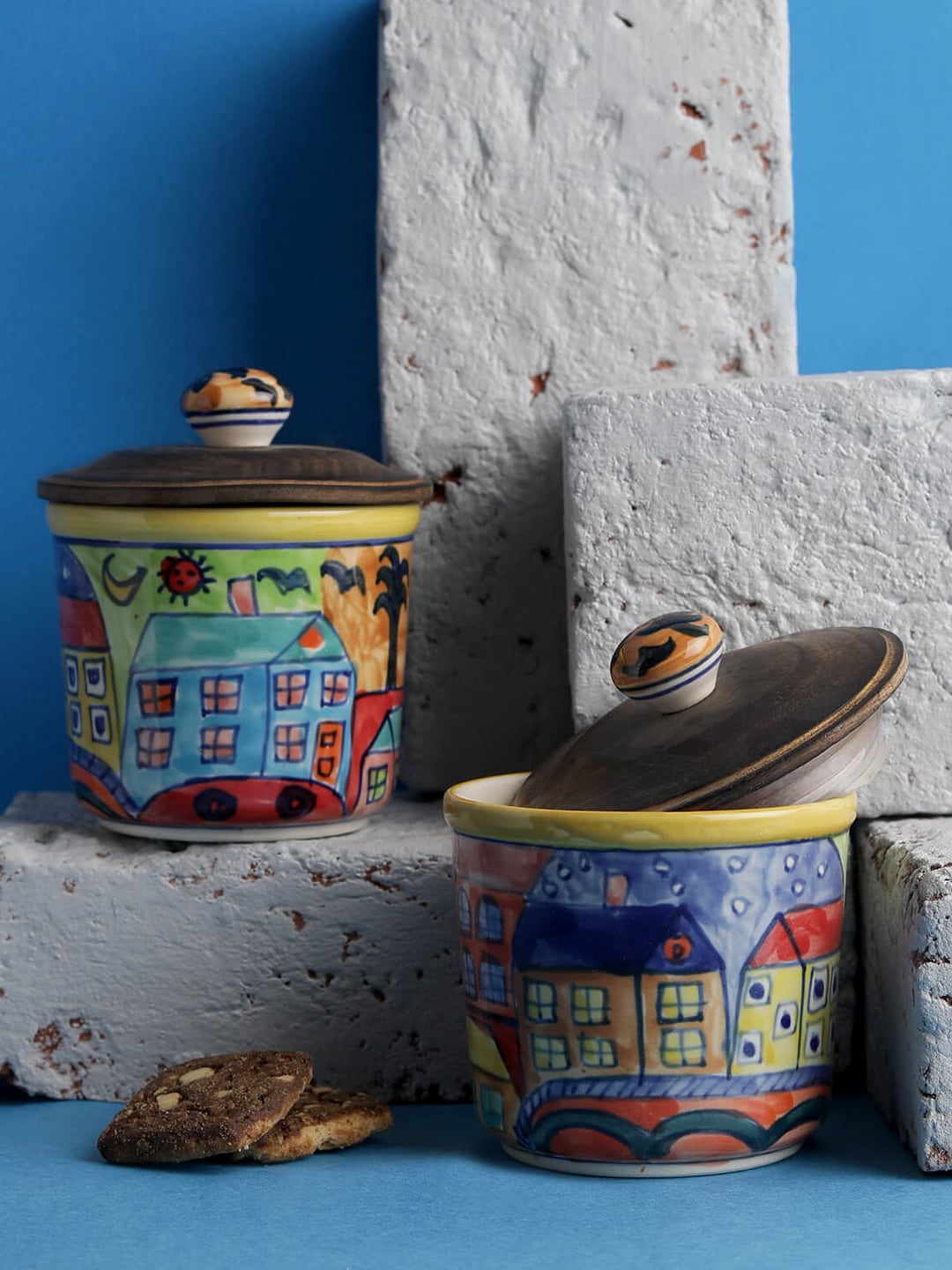 MIAH Decor Set of 2 Blue & Yellow Printed Ceramic Jars Food Container Price in India