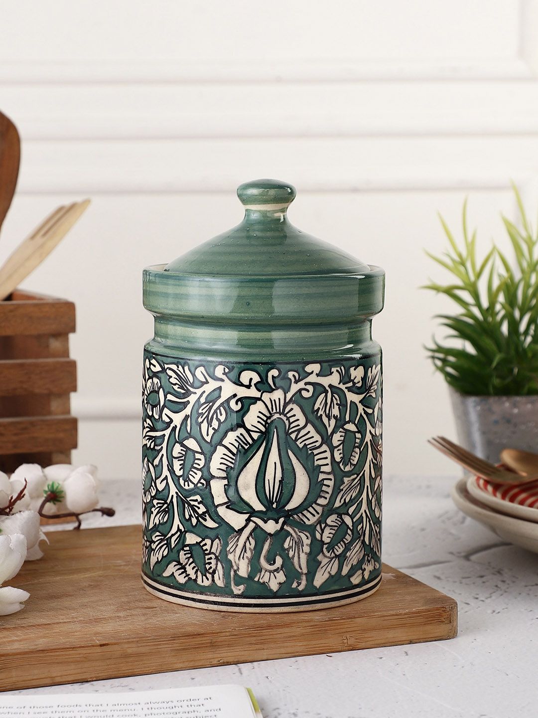 MIAH Decor Green & White Mughal Art Hand Painted Storage Jar Price in India
