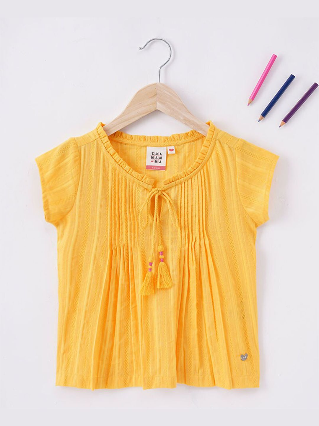 Ed-a-Mamma Girls Yellow Solid Tie-Up Neck Dobby Cotton Regular Top