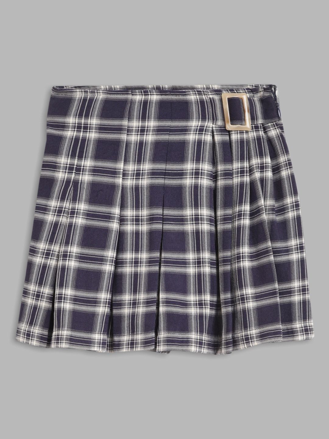 Blue Giraffe Girls Navy Blue & White Checked Pure Cotton Flared Knee-Length Skirt