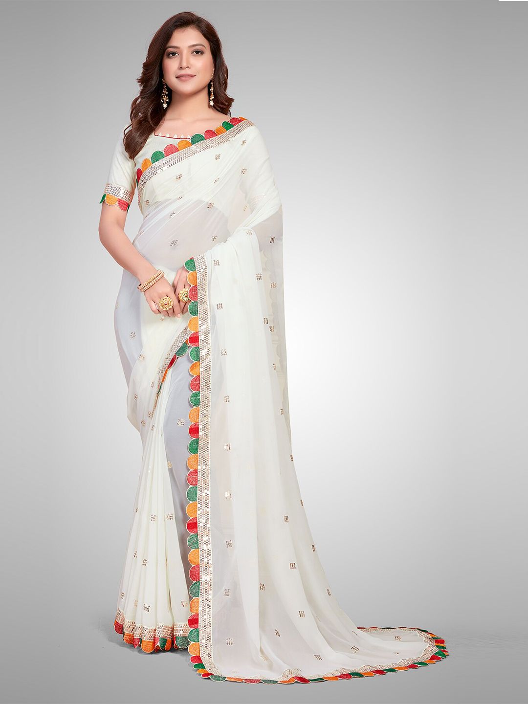 Mitera White & Green Embellished Sequinned Saree Price in India