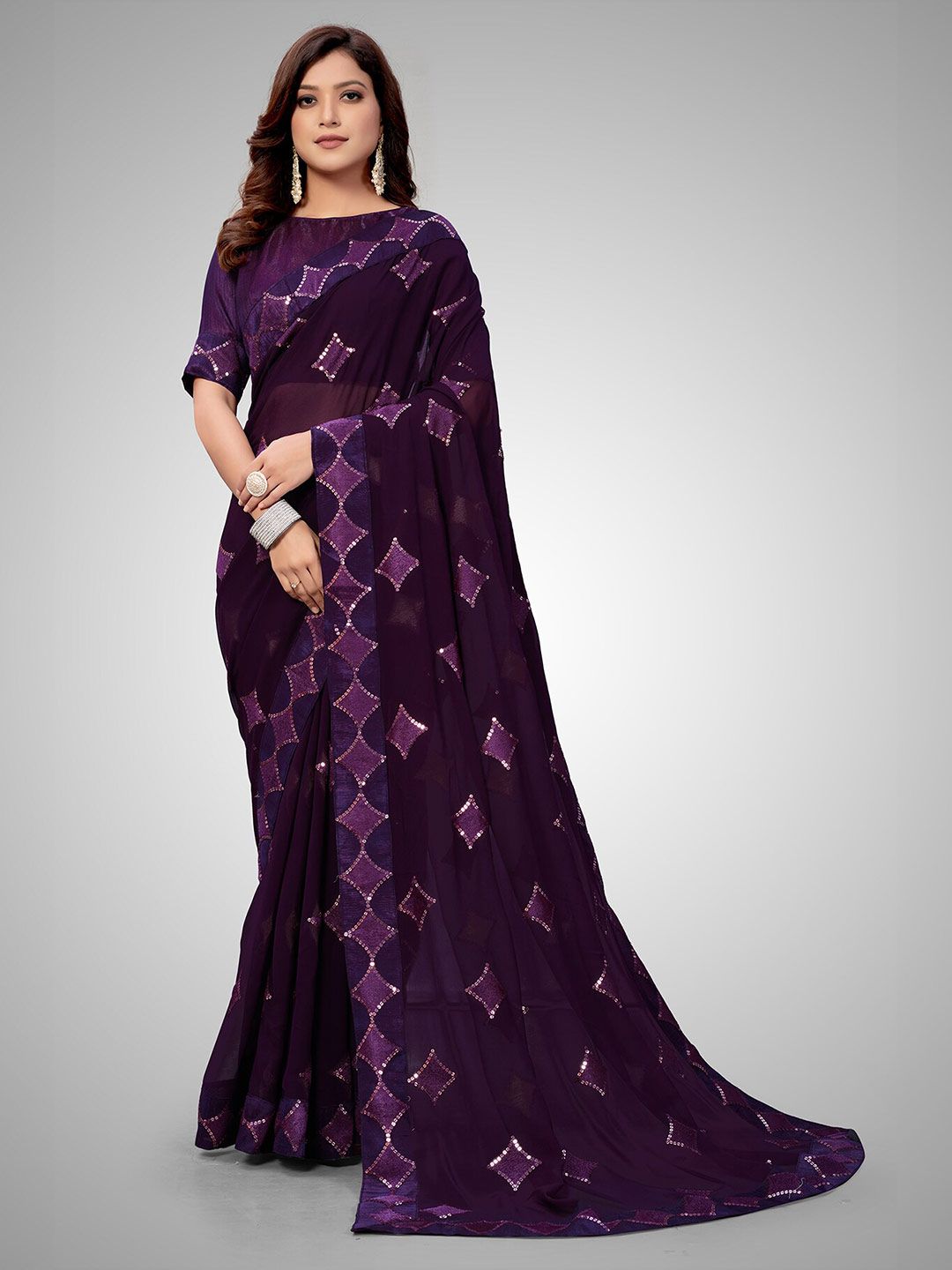 Mitera Purple Embellished Sequinned Pure Georgette Saree Price in India