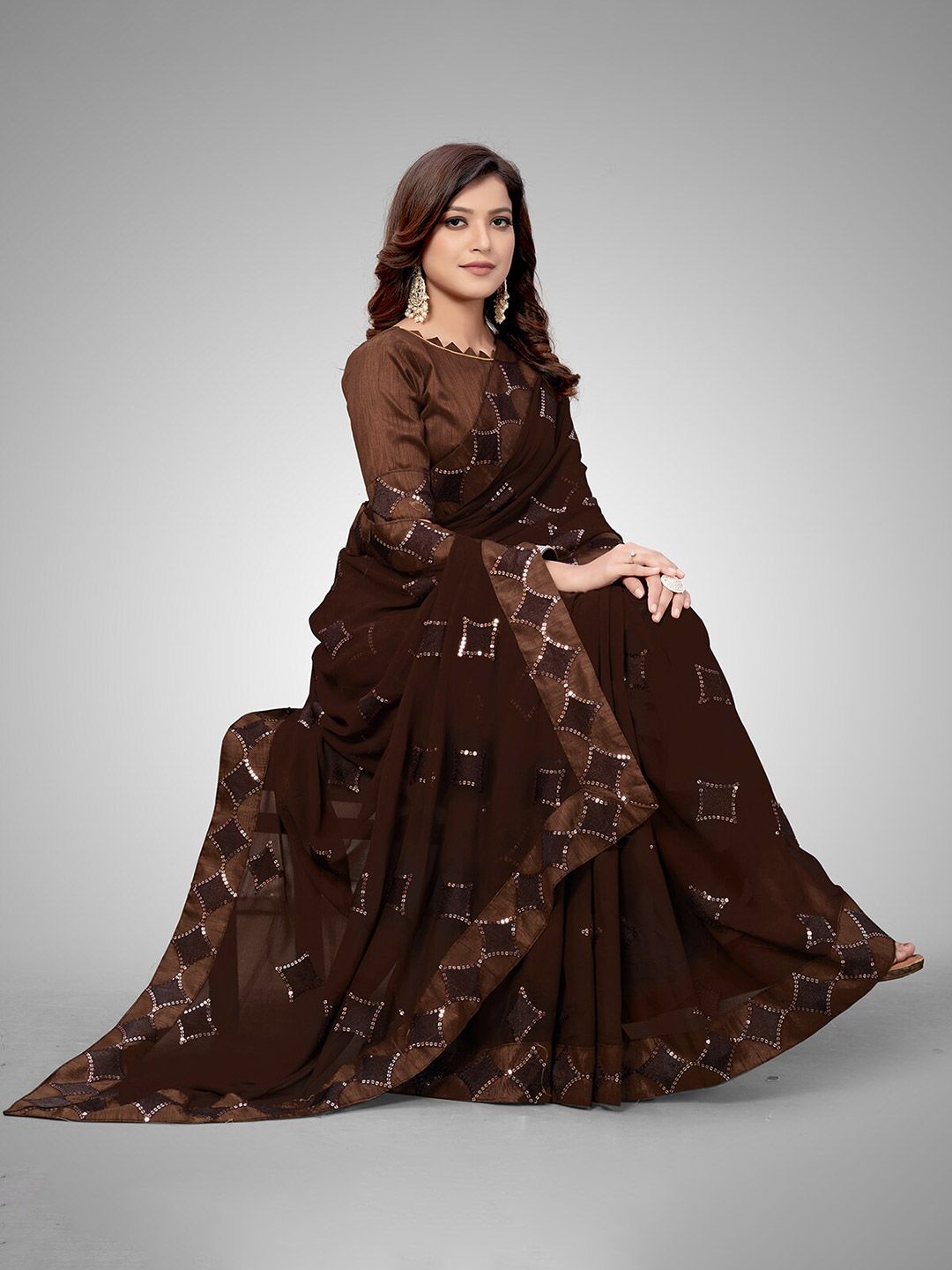 Mitera Brown & Silver-Toned Embellished Sequinned Ready to Wear Saree Price in India