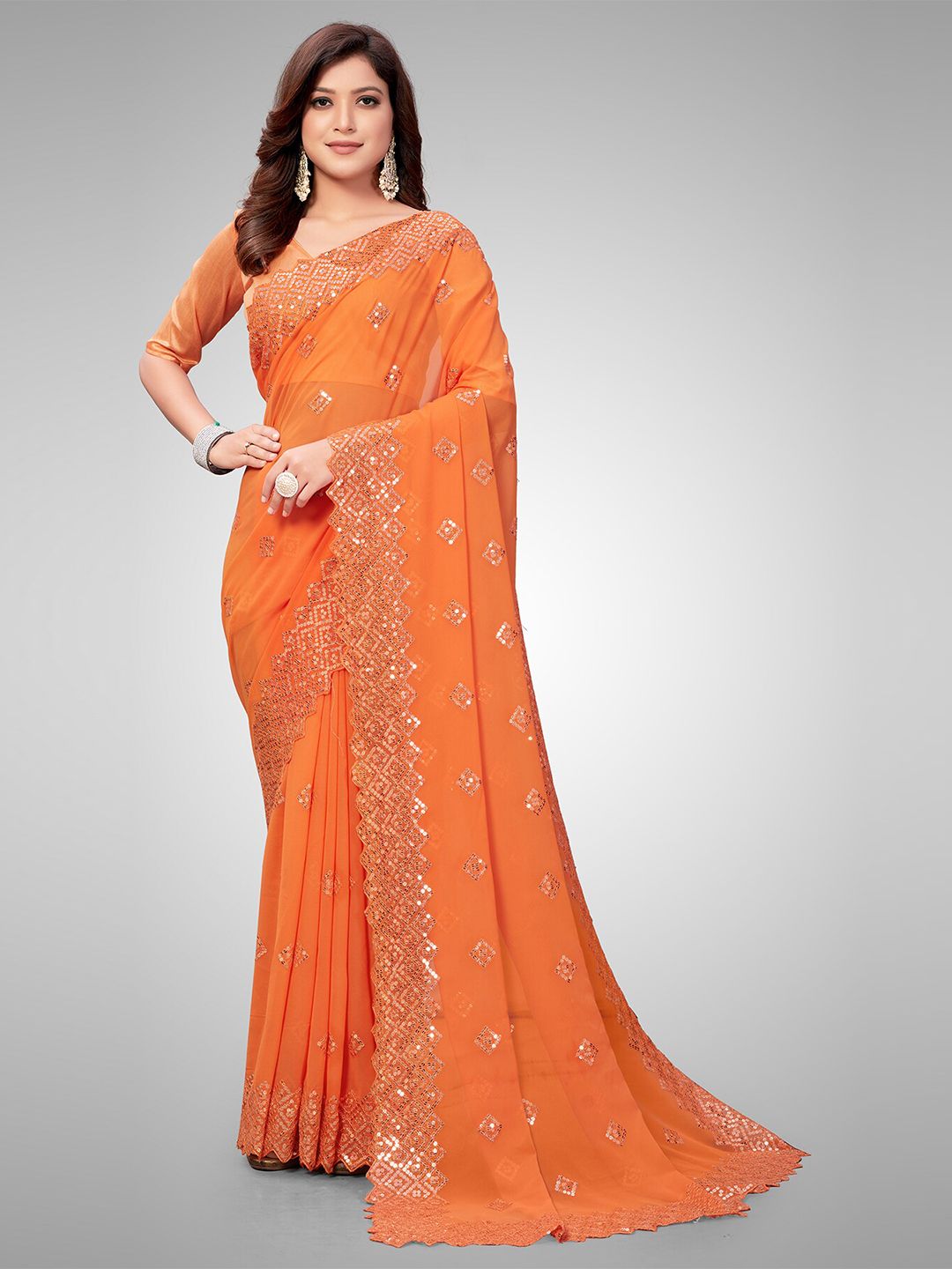 Mitera Orange & Gold-Toned Embellished Sequinned Pure Georgette Ready to Wear Saree Price in India