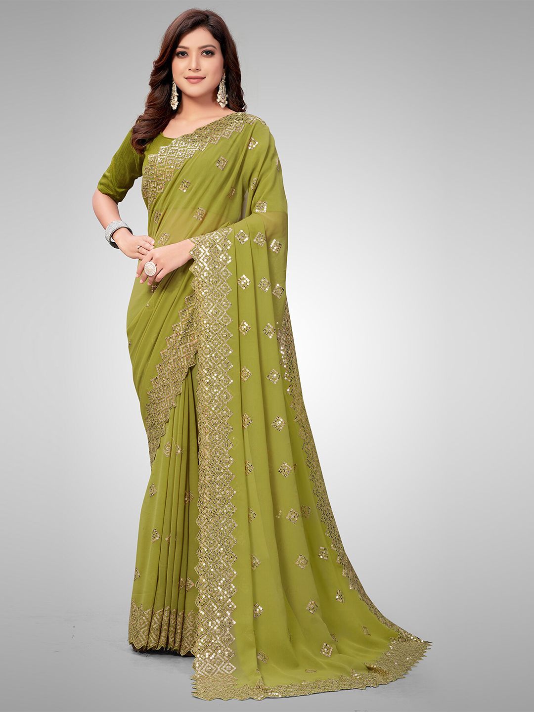 Mitera Olive Green Embellished Sequinned Pure Georgette Saree Price in India