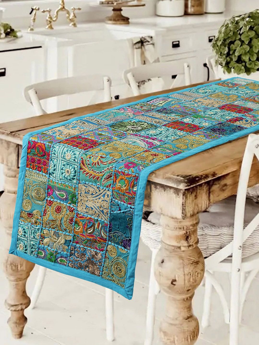 HANDICRAFT PALACE  Turquoise Blue Cotton Patchwork Table Runner Price in India