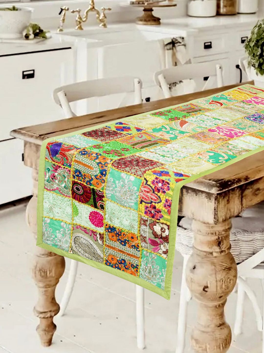 HANDICRAFT PALACE Lime Green & Red Khambadiya Patchwork Embroidered Cotton Table Runner Price in India