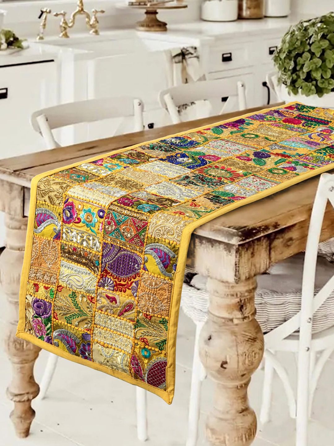 HANDICRAFT PALACE Yellow Cotton Khambadiya Patchwork Table Runner Price in India