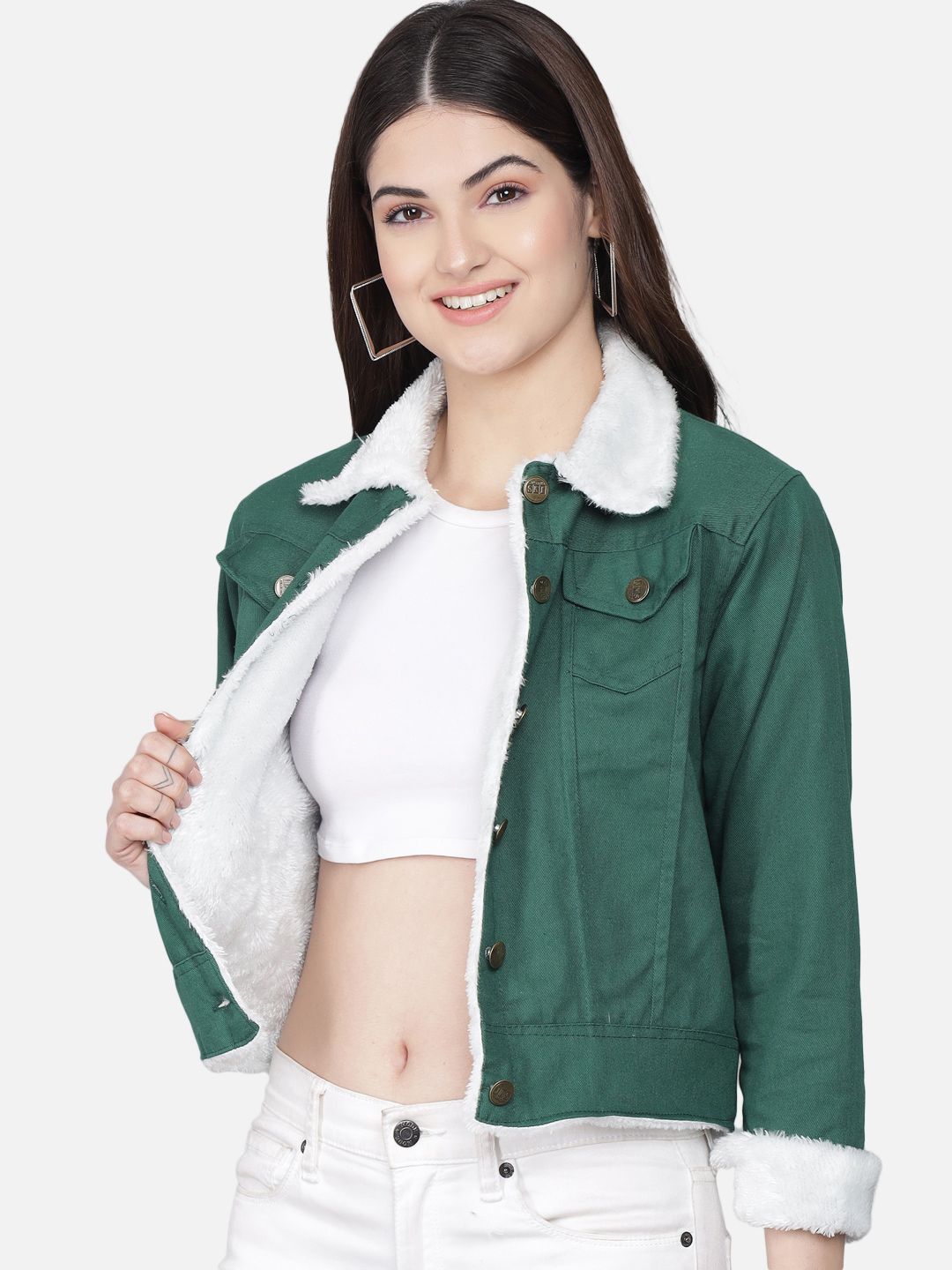 FurryFlair Women Teal White Crop Outdoor Full Sleeves Denim Jacket Price in India