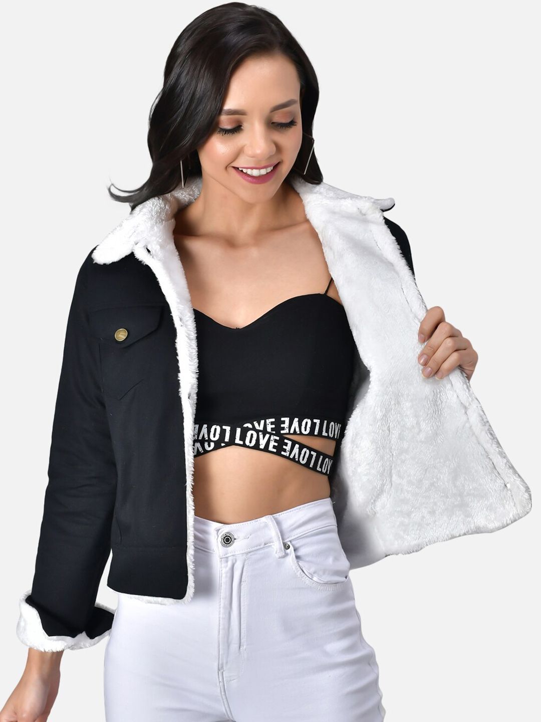 FurryFlair Women Black Crop Outdoor Tailored Jacket Price in India