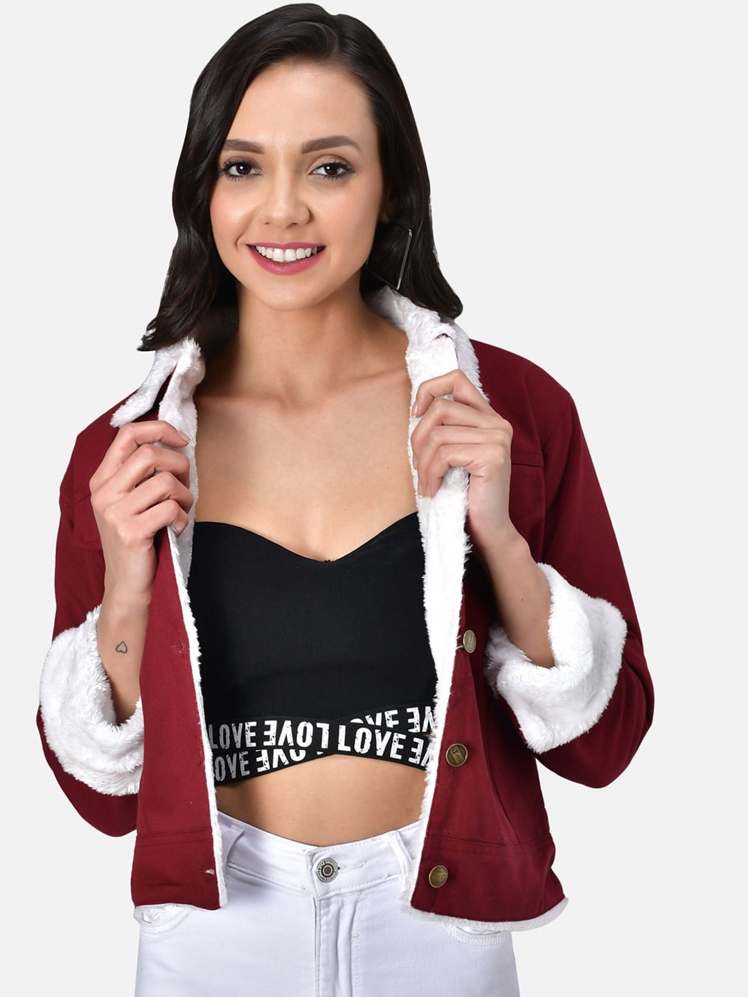 FurryFlair Women Maroon & White Colourblocked Crop Outdoor Denim Jacket Price in India