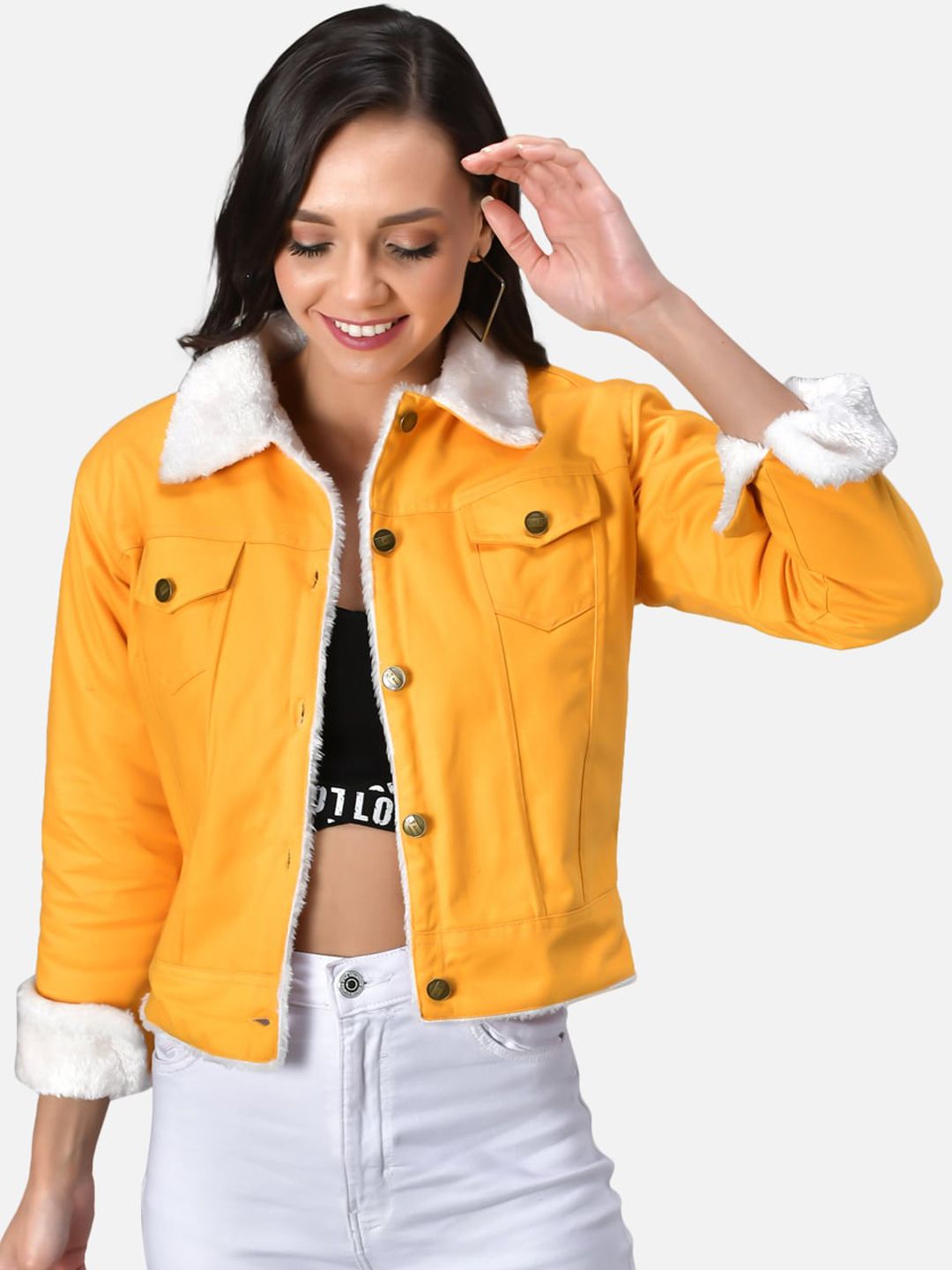 FurryFlair Women Yellow Cotton Twill Faux Fur Trim Tailored Jacket Price in India