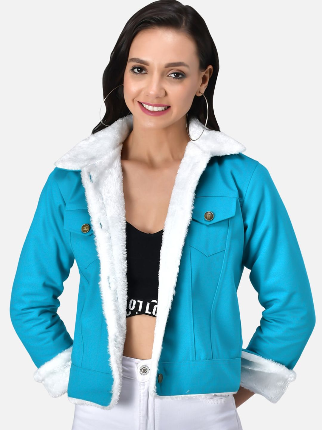 FurryFlair Women Turquoise Blue Crop Outdoor Denim Jacket Price in India