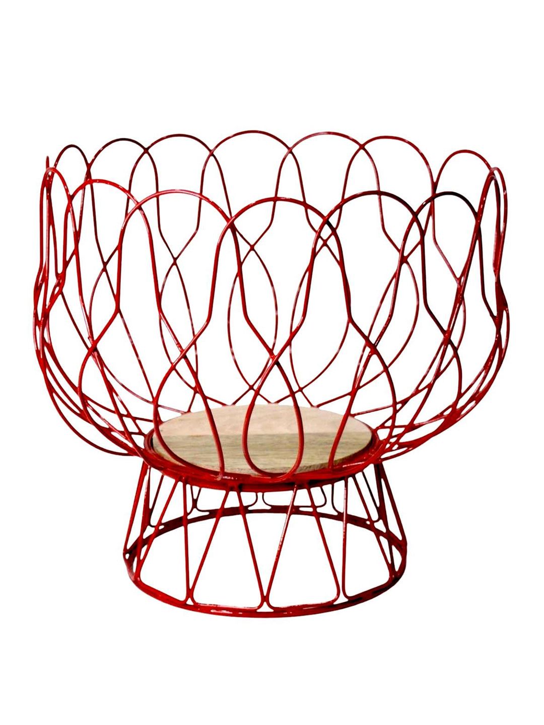 Tranquil square Red Round Net Fruit Basket With Wooden Base Price in India