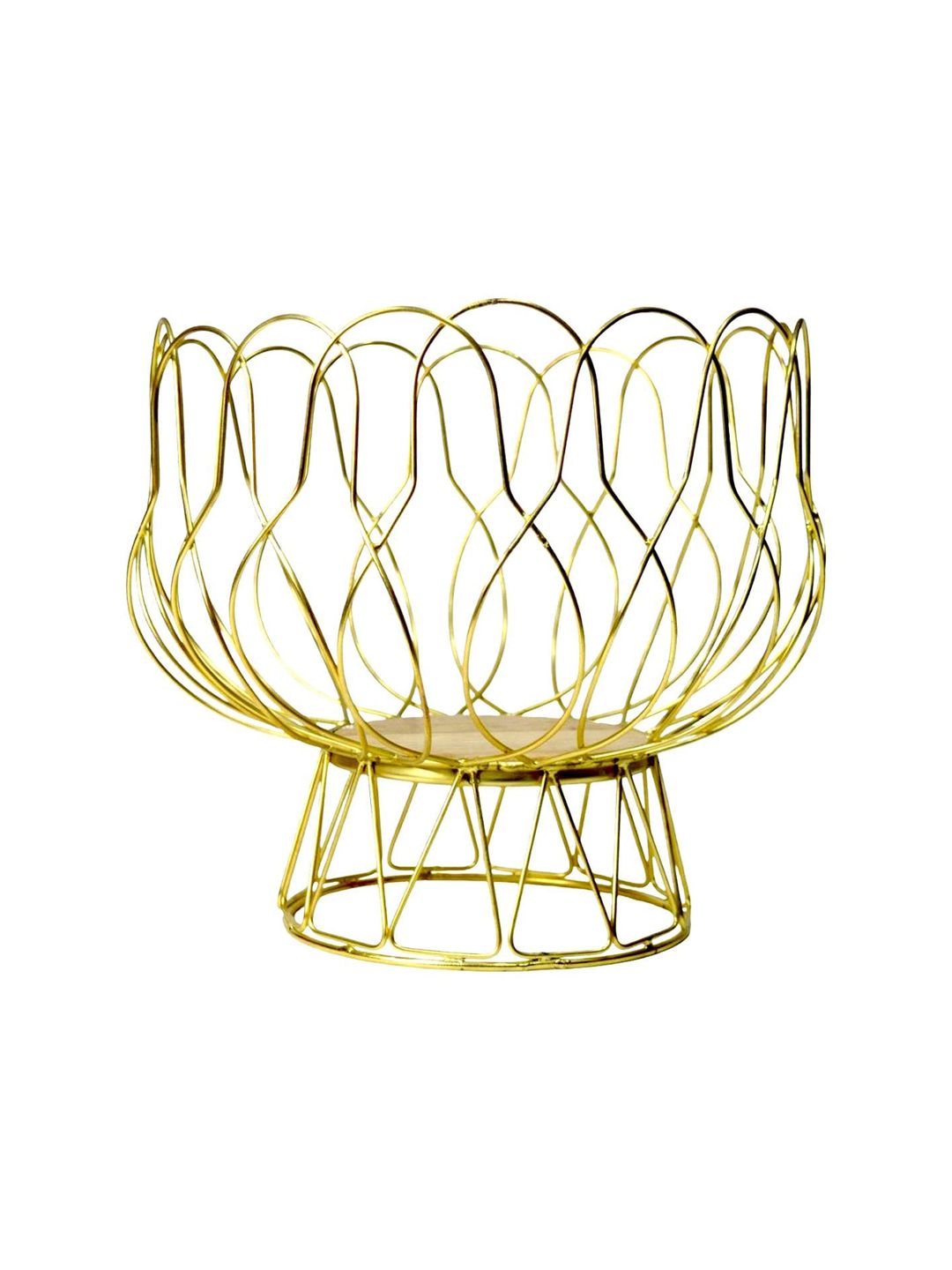 Tranquil square Gold-Toned Net Fruit Basket With Wooden Base Price in India