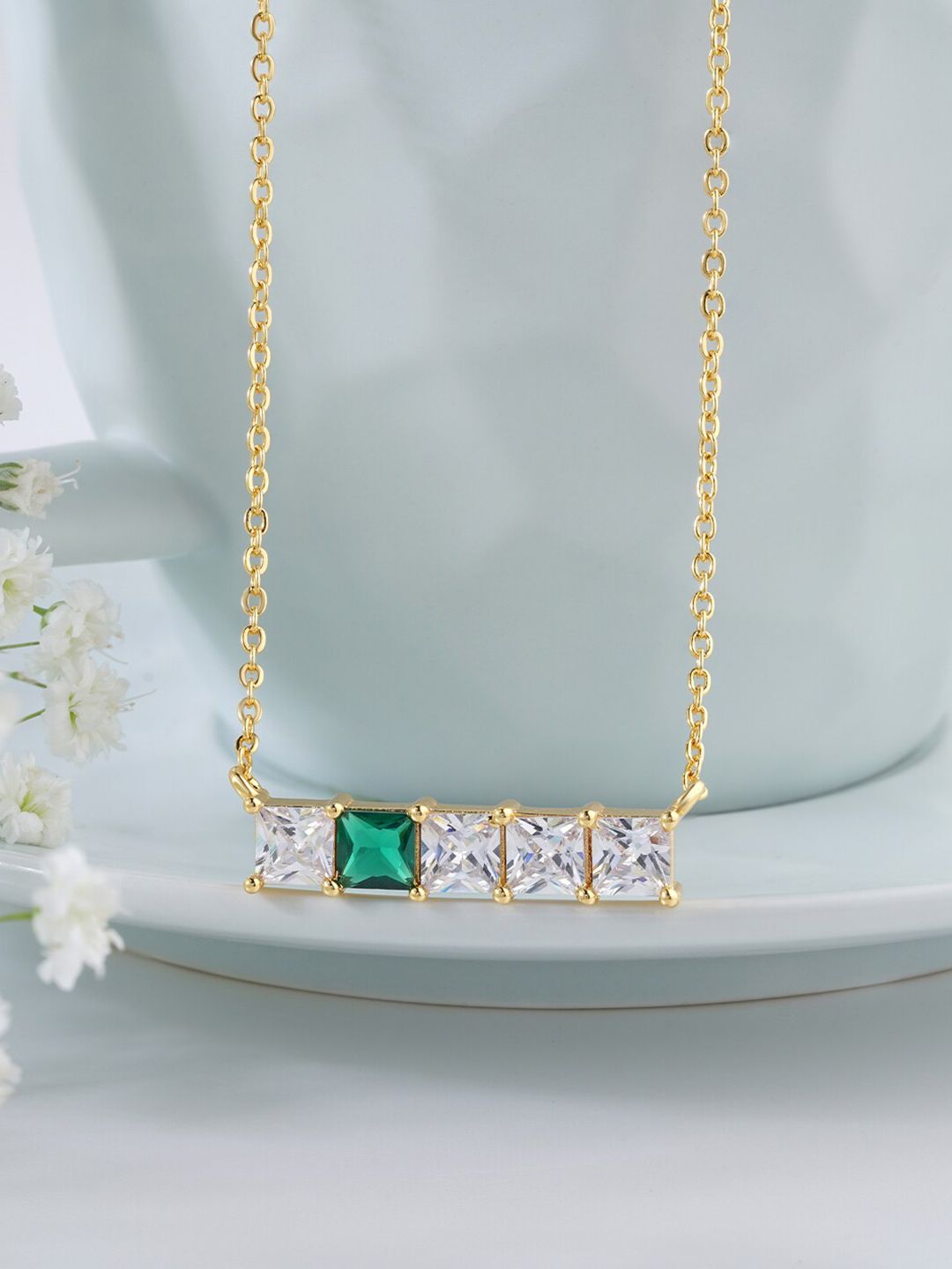 MINUTIAE Gold-Plated & Green Brass Square Crystal Bar Pendant Necklace Price in India