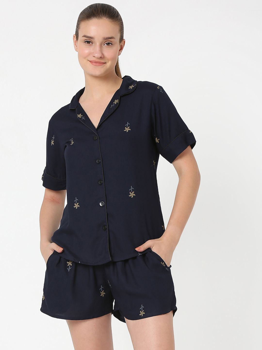 Smarty Pants Women Navy Blue Printed Cotton Night suit Price in India