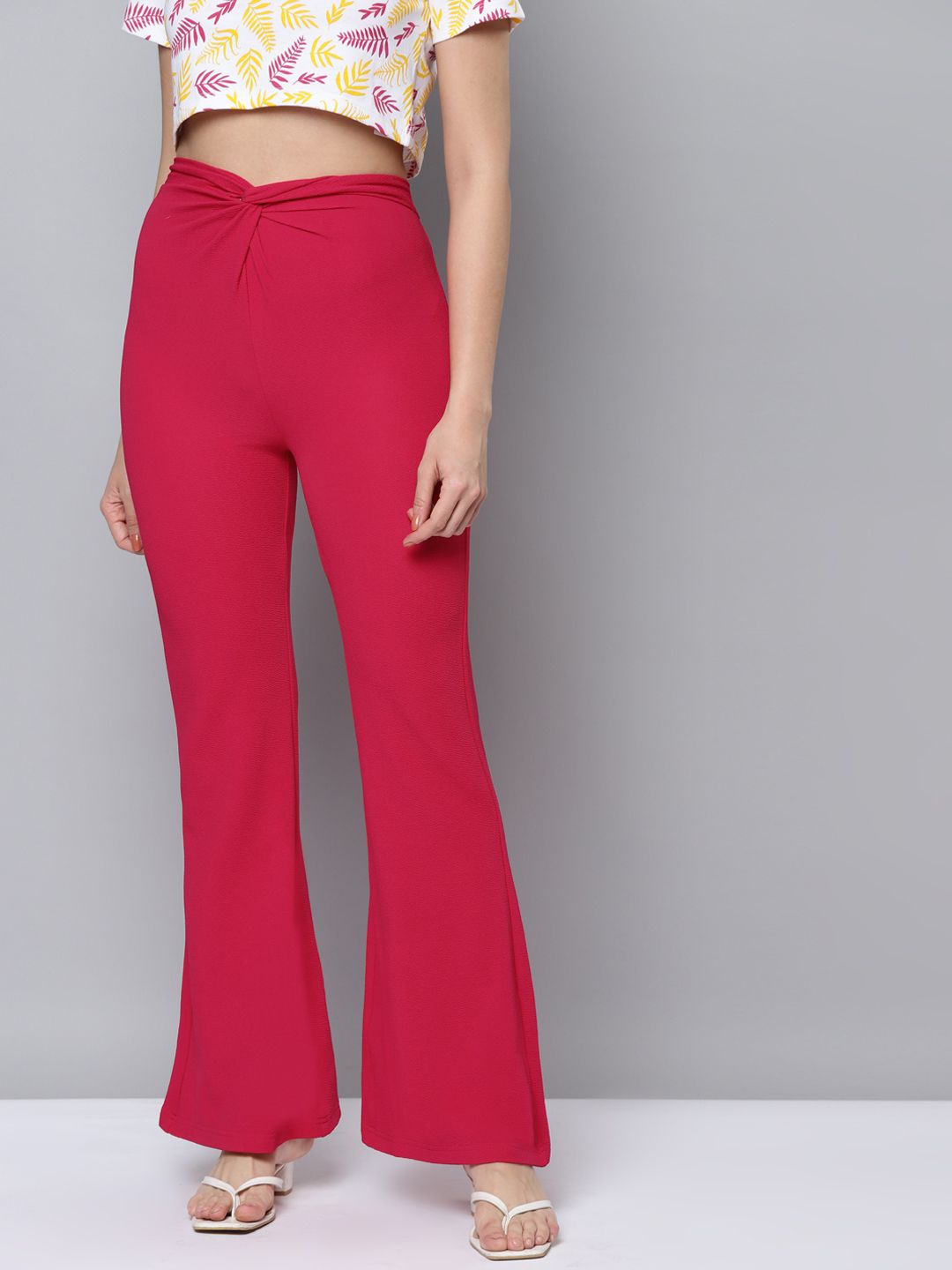 SASSAFRAS Women Fuchsia Slim Fit High-Rise Ruched Trousers Price in India