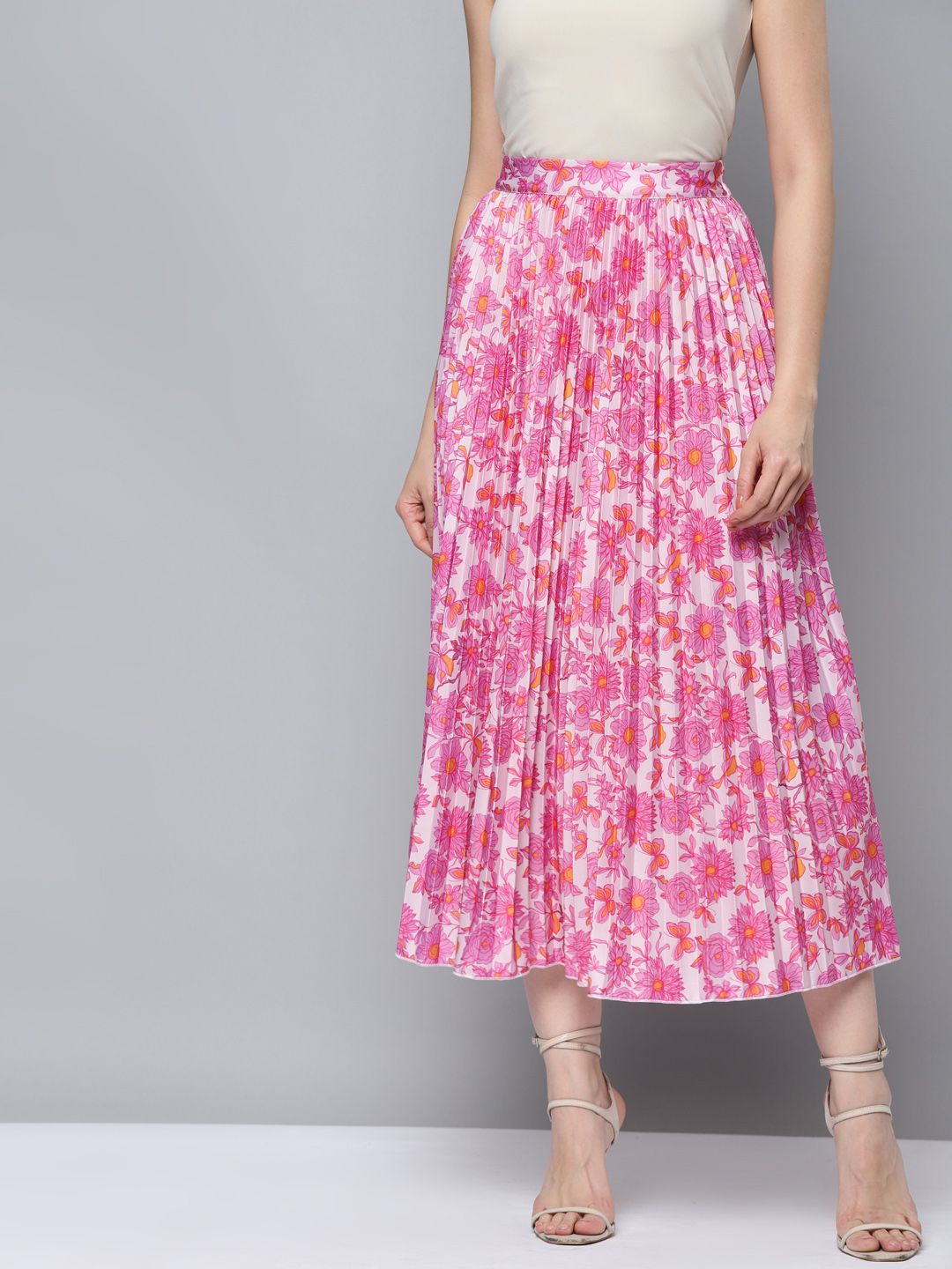 SASSAFRAS Women Pink & White Floral Printed Accordion Pleated A-Line Skirt Price in India