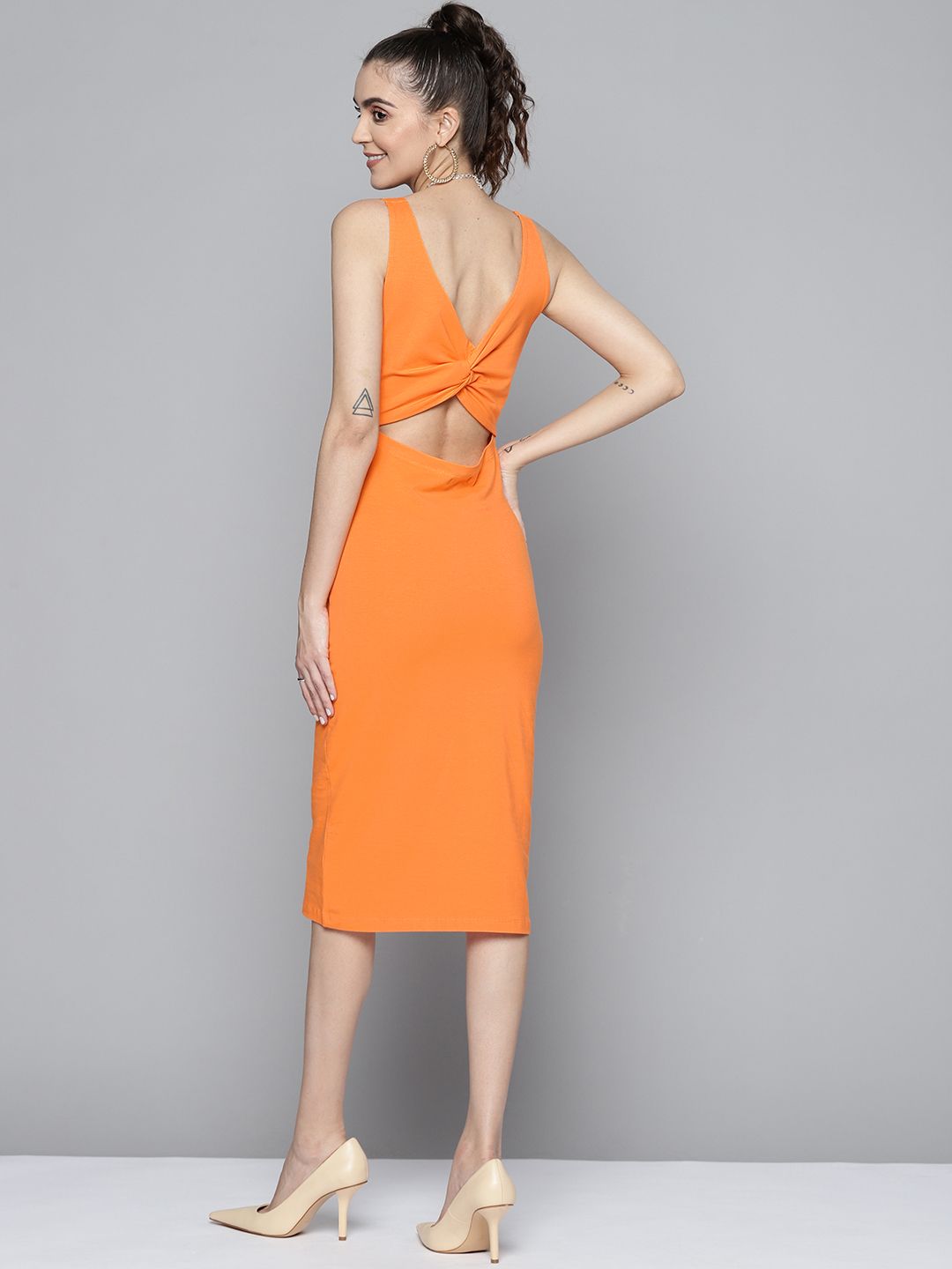 SASSAFRAS Women Orange Solid Sheath Midi Dress Price in India