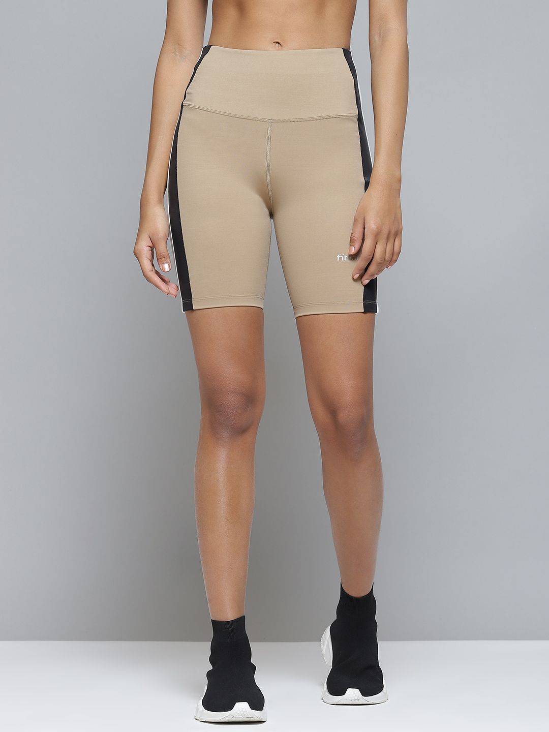 Fitkin Women Beige Solid Side Striped Detail Skinny Fit High-Rise Training Sports Shorts Price in India