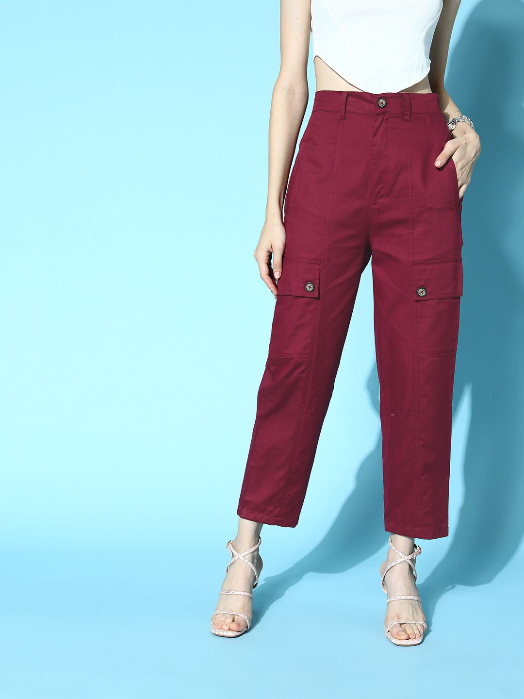 plusS Women Maroon Solid Y2K Cargo Trousers Price in India