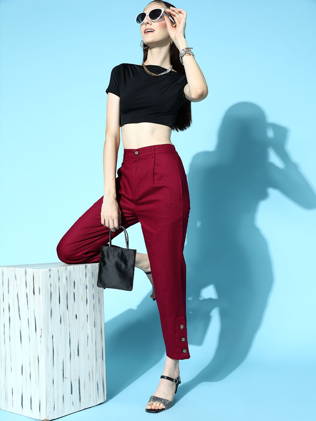 plusS Women Deep Red Solid Y2K Cargo Trousers Price in India