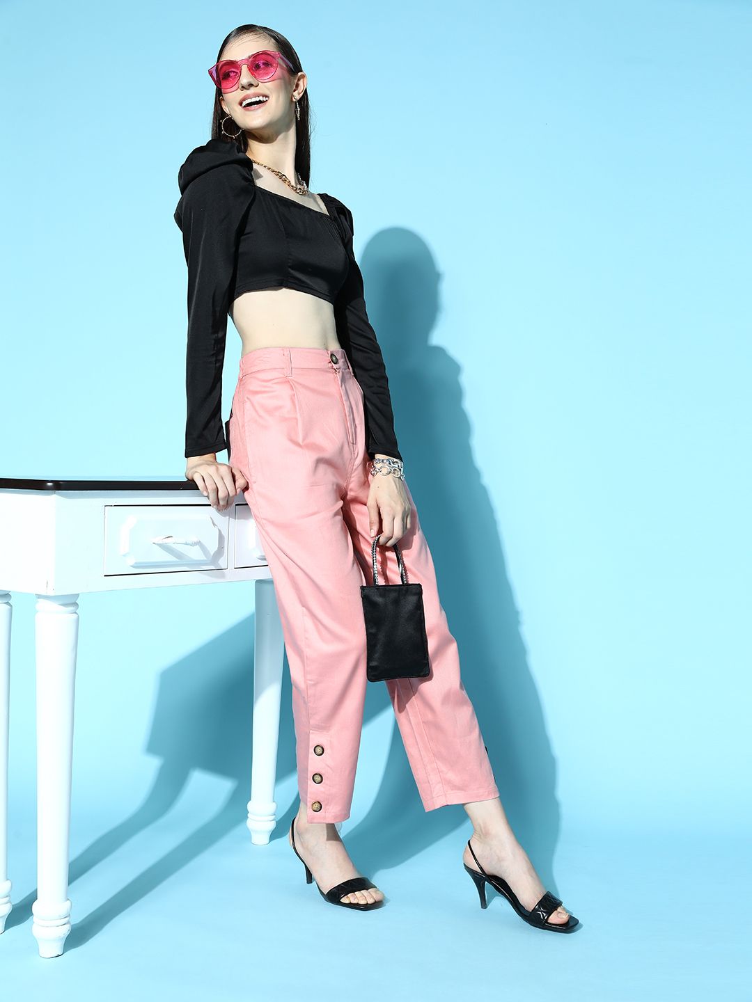 plusS Women Pink Solid Y2K Cargo Trousers Price in India