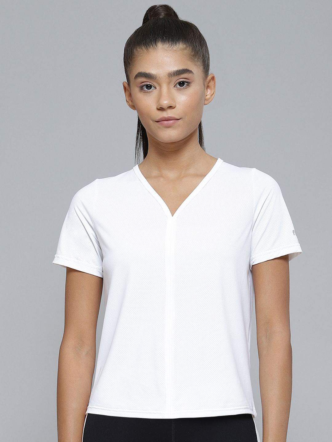 Fitkin Women White Solid Mesh Design V-Neck Rapid-Dry T-shirt Price in India