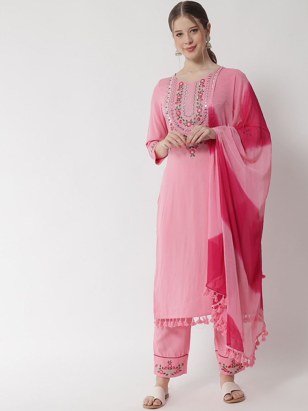 IkDaiya Women Pink Floral Yoke Design Empire Thread Work Kurta with Trousers With Dupatta Price in India