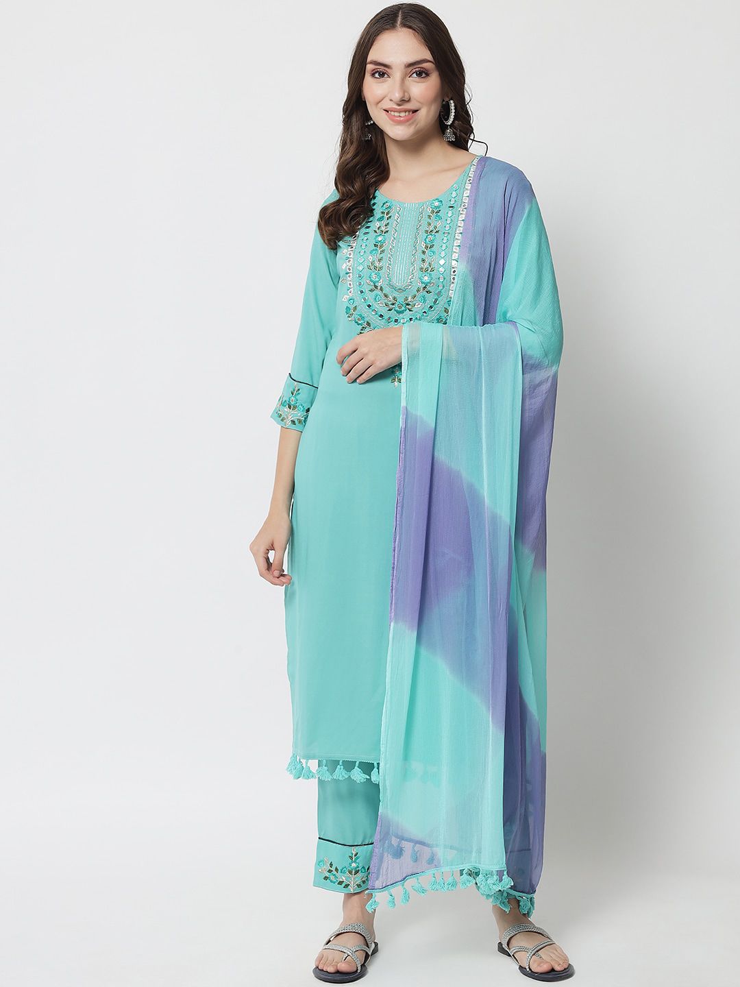 IkDaiya Women Turquoise Blue Ethnic Motifs Yoke Design Mirror Work Kurti with Palazzos & With Dupatta Price in India