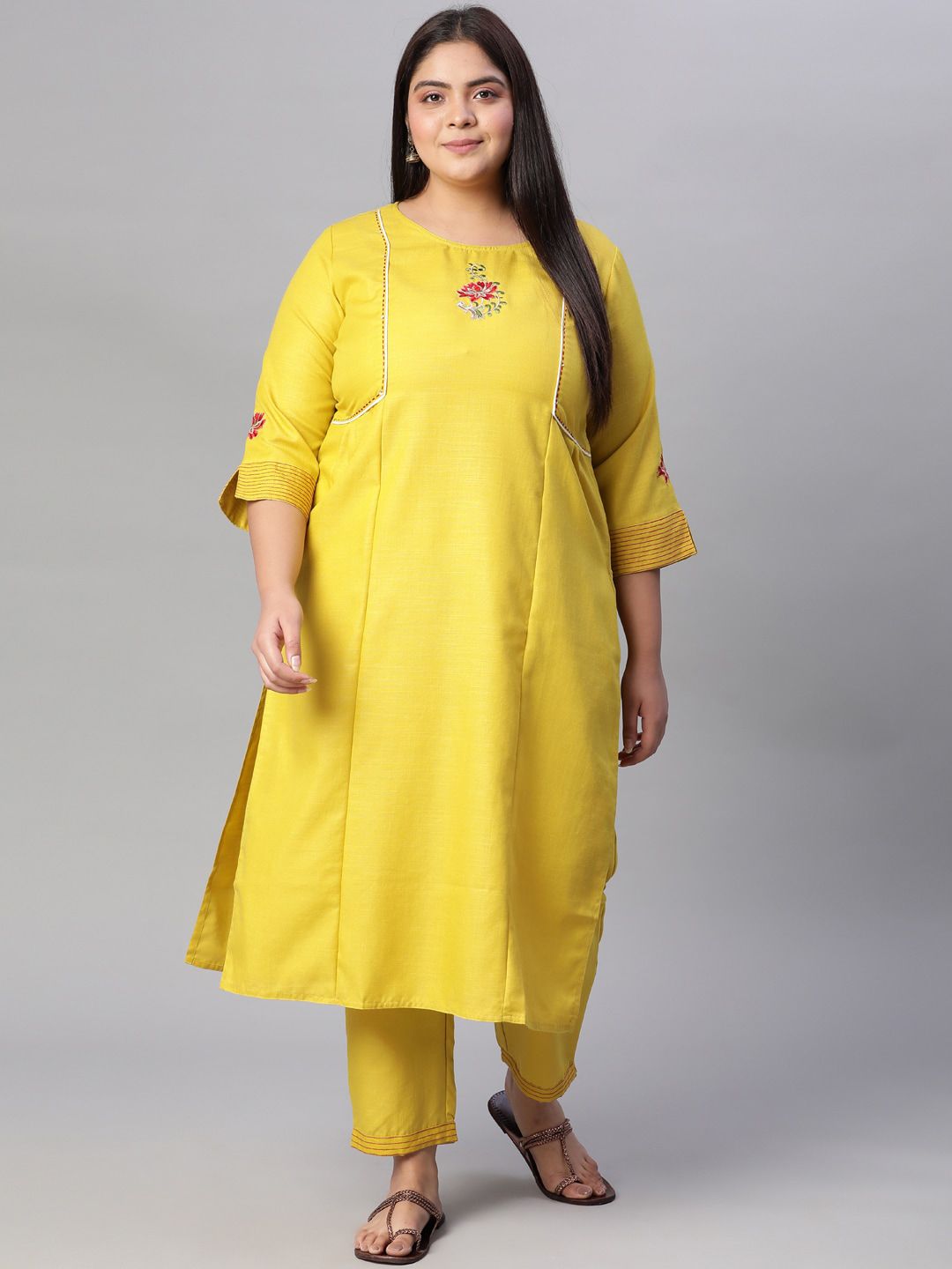Jaipur Kurti Women Yellow Kantha Work Handloom Kurta with Trousers Price in India