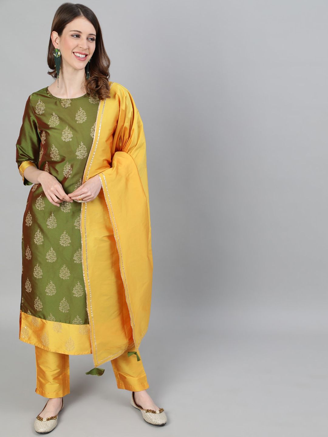 Jaipur Kurti Women Mustard Yellow Ethnic Motifs Printed Kurti with Trousers With Dupatta Price in India