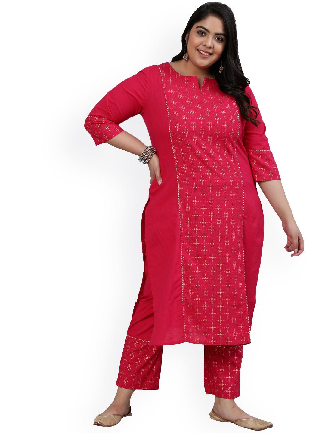 Jaipur Kurti Women Plus Size Pink Ethnic Motifs Printed Panelled Kurta with Trousers Price in India