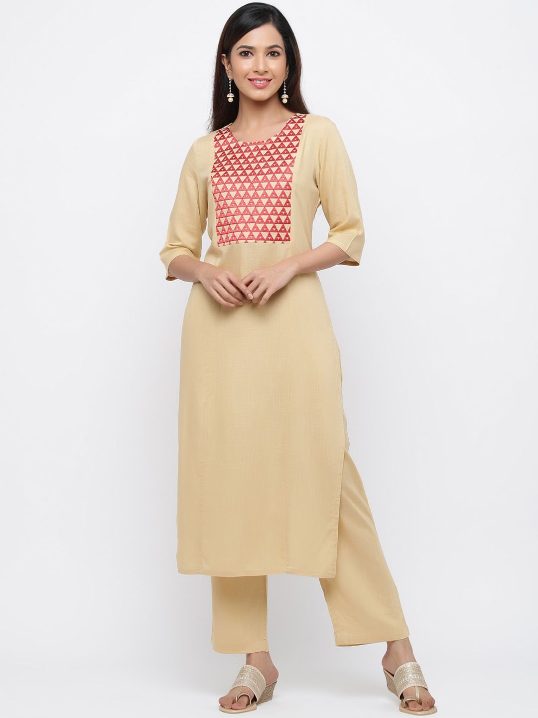 Jaipur Kurti Women Beige Ethnic Motifs Embroidered Kurta with Trousers Price in India